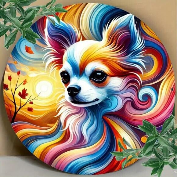 Vibrant Rainbow-Colored Foil Engraved Chihuahua Metal Sign Décor • Round 8x8in - Picture 4 of 10